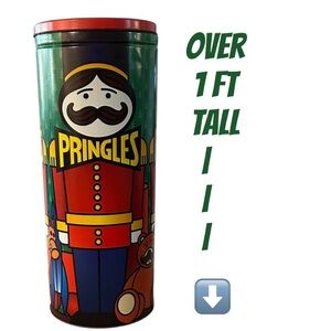 Pringles nutcracker Decorative Tin with Soldiers, rocking horse, teddy bear 16”